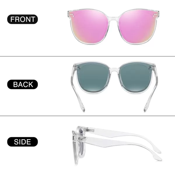 DUCO Retro Round Oversized Polarized Sunglasses for Women Classic Vintage Designer Style UV400 Protection Shades W017sTransparent Frame Revo Pink Lens