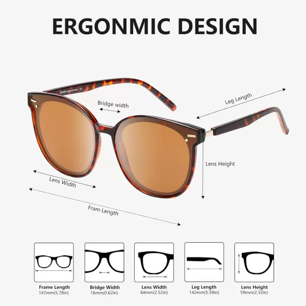 DUCO Retro Round Polarized Sunglasses for Women Men Oversized Vintage Shades W017L Size Tortoise Brown Frame Brown Lens