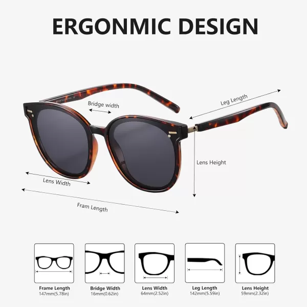 DUCO Retro Round Polarized Sunglasses for Women Men Oversized Vintage Shades W017L Size Tortoise Brown Frame Grey Lens
