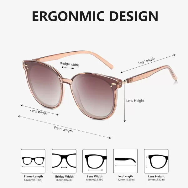 DUCO Retro Round Polarized Sunglasses for Women Men Oversized Vintage Shades W017L Size Transparent Frame Brown Lens
