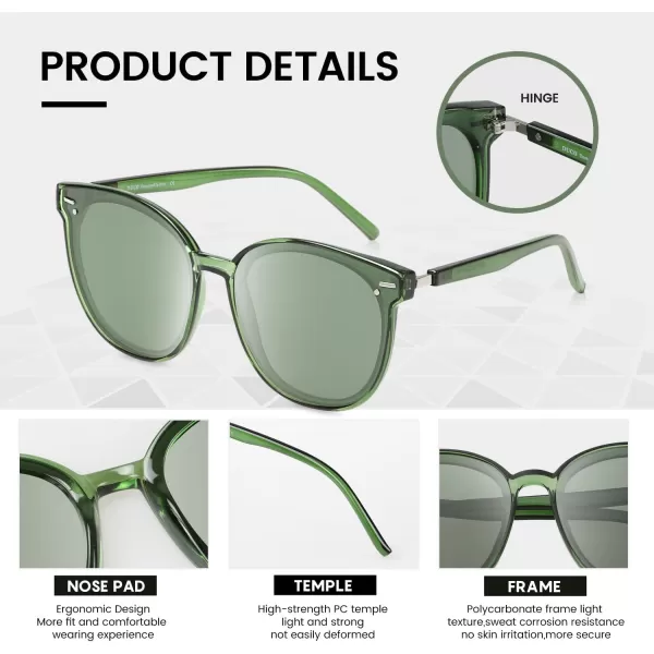 DUCO Retro Round Polarized Sunglasses for Women Men Oversized Vintage Shades W017L Size Transparent Green Frame Green Lens