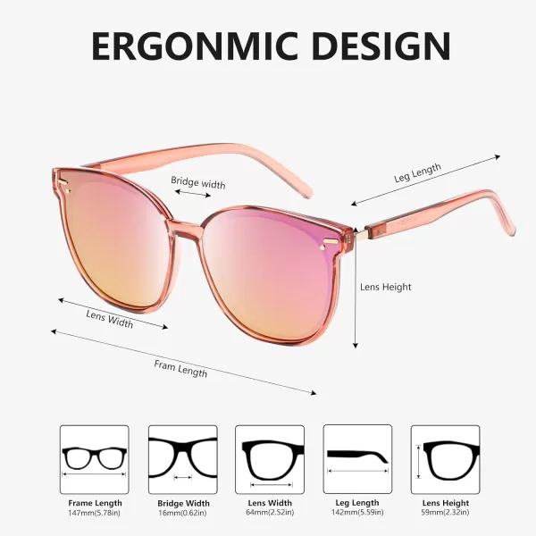 DUCO Retro Round Polarized Sunglasses for Women Men Oversized Vintage Shades W017L Size Transparent Pink Frame Revo Pink Lens