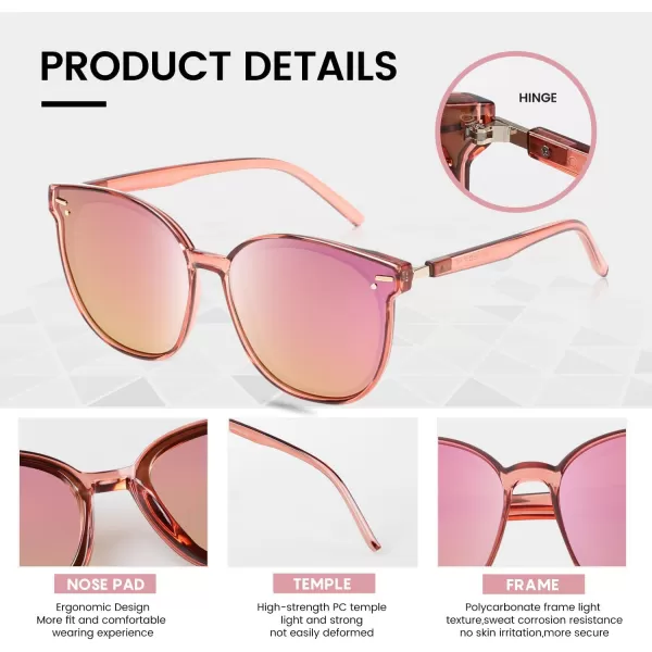 DUCO Retro Round Polarized Sunglasses for Women Men Oversized Vintage Shades W017L Size Transparent Pink Frame Revo Pink Lens