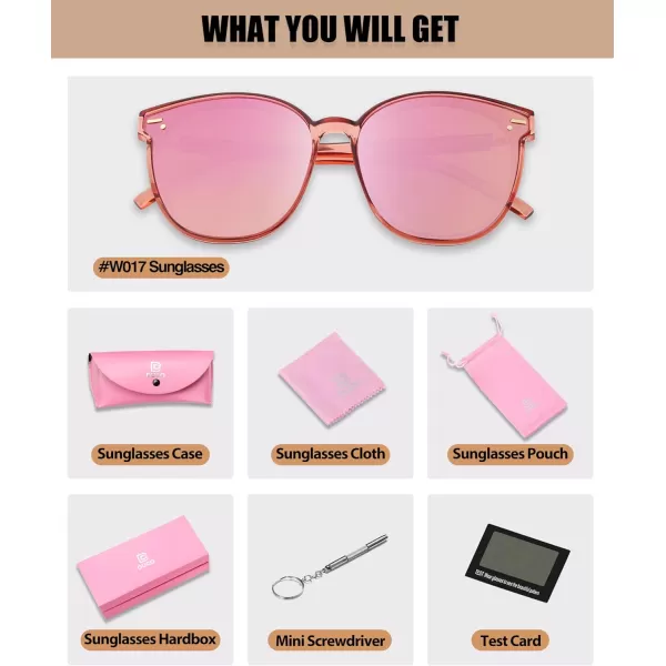 DUCO Retro Round Polarized Sunglasses for Women Men Oversized Vintage Shades W017L Size Transparent Pink Frame Revo Pink Lens