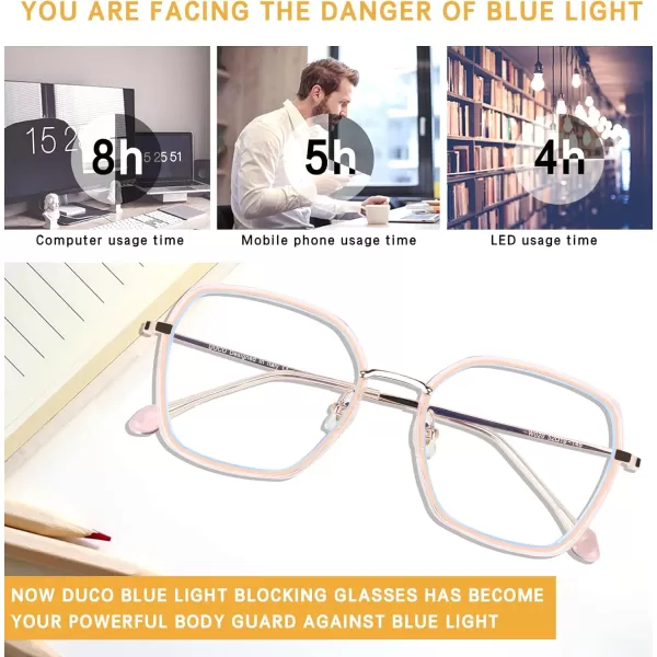 DUCO Retro Square Blue Light Glasses for Women Oversized Blue Ray Blocking Glasses Computer Glasses Teens Fashion Eyeglasses Brown W020Transparent Pink