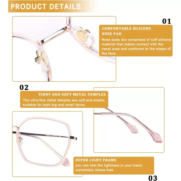 DUCO Retro Square Blue Light Glasses for Women Oversized Blue Ray Blocking Glasses Computer Glasses Teens Fashion Eyeglasses Brown W020Transparent Pink