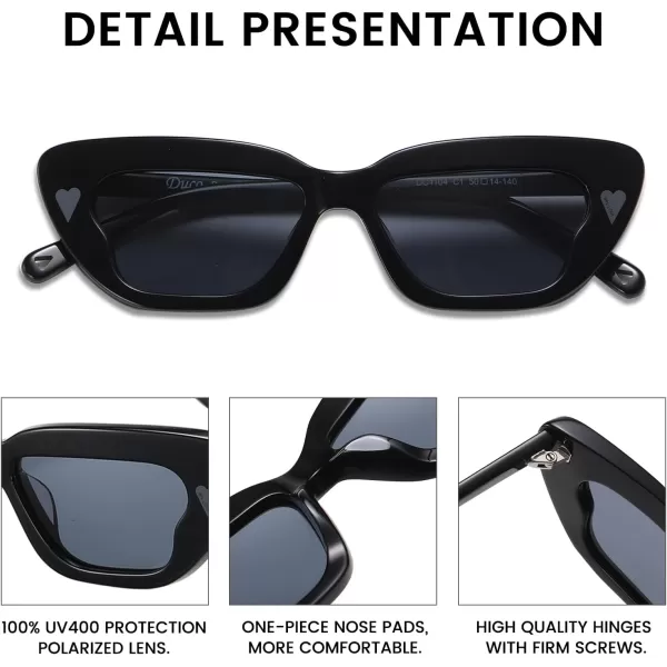 DUCO Small Cat Eye Sunglasses for Women Retro Narrow Polarized Sun Glasses Mylove Designer Rectangle Frame UV400 Lens DC1104Shine Black Frame Grey Lens