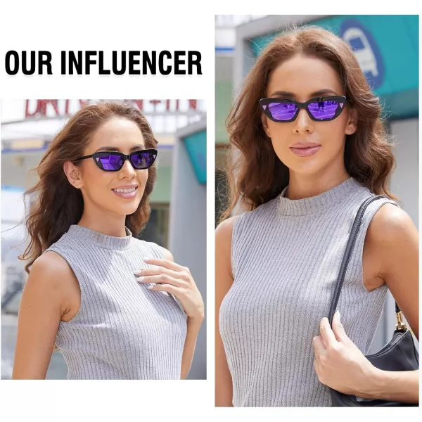 DUCO Small Cat Eye Sunglasses for Women Retro Narrow Polarized Sun Glasses Mylove Designer Rectangle Frame UV400 Lens DC1104Shine Black Frame Revo Purple Lens