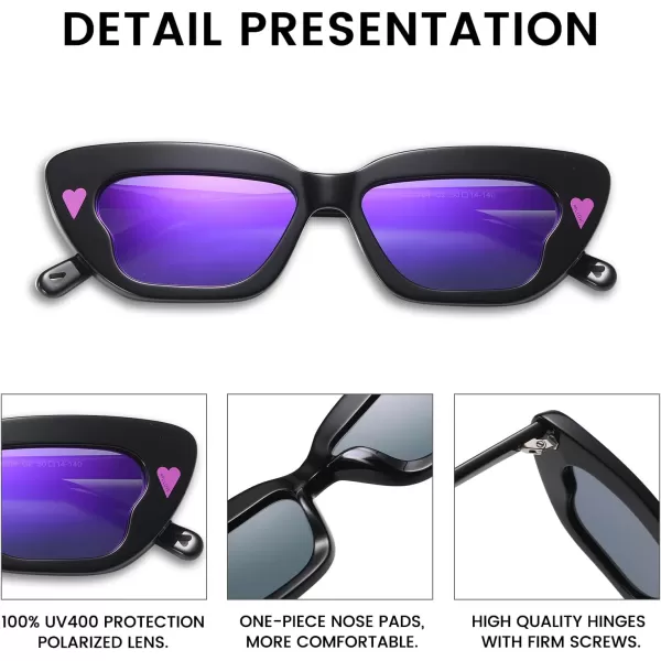 DUCO Small Cat Eye Sunglasses for Women Retro Narrow Polarized Sun Glasses Mylove Designer Rectangle Frame UV400 Lens DC1104Shine Black Frame Revo Purple Lens