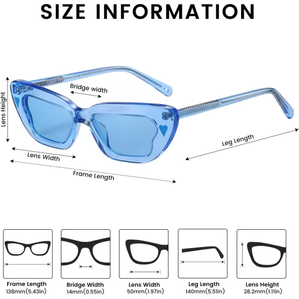 DUCO Small Cat Eye Sunglasses for Women Retro Narrow Polarized Sun Glasses Mylove Designer Rectangle Frame UV400 Lens DC1104Transparent Blue Frame Blue Lens