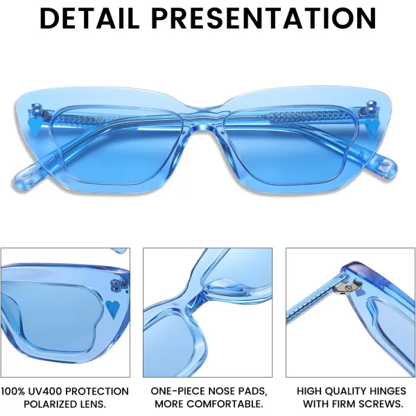 DUCO Small Cat Eye Sunglasses for Women Retro Narrow Polarized Sun Glasses Mylove Designer Rectangle Frame UV400 Lens DC1104Transparent Blue Frame Blue Lens