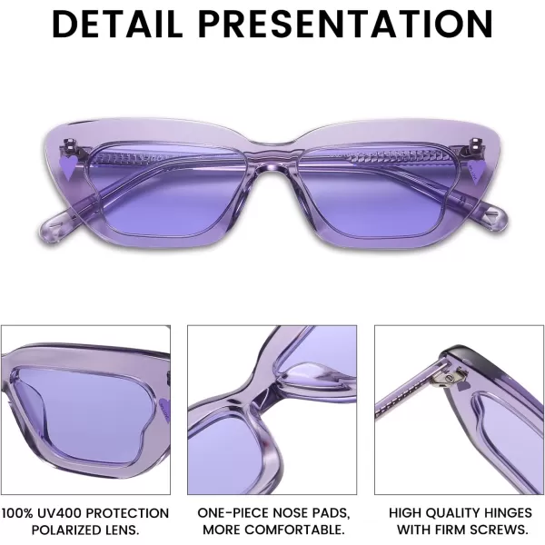 DUCO Small Cat Eye Sunglasses for Women Retro Narrow Polarized Sun Glasses Mylove Designer Rectangle Frame UV400 Lens DC1104Transparent Purple Frame Purple Lens