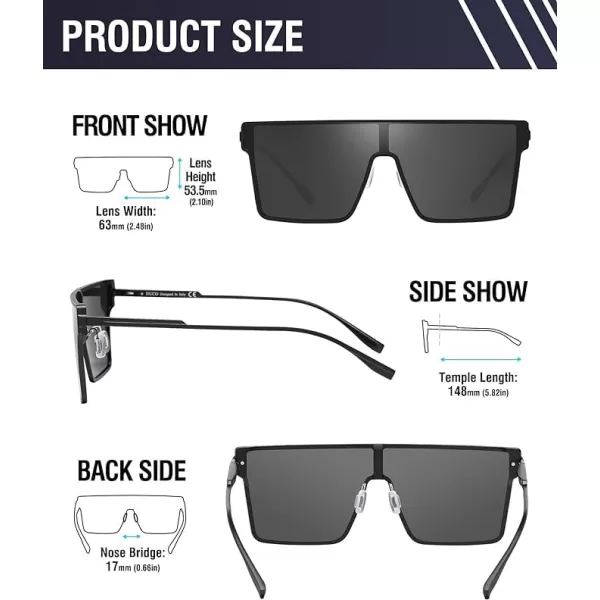 DUCO Square Oversized Fashion Sunglasses for Men Polarized Flat Top UV400 Protection Metal Frame Big Large DC3055Black Frame Grey Lens3055