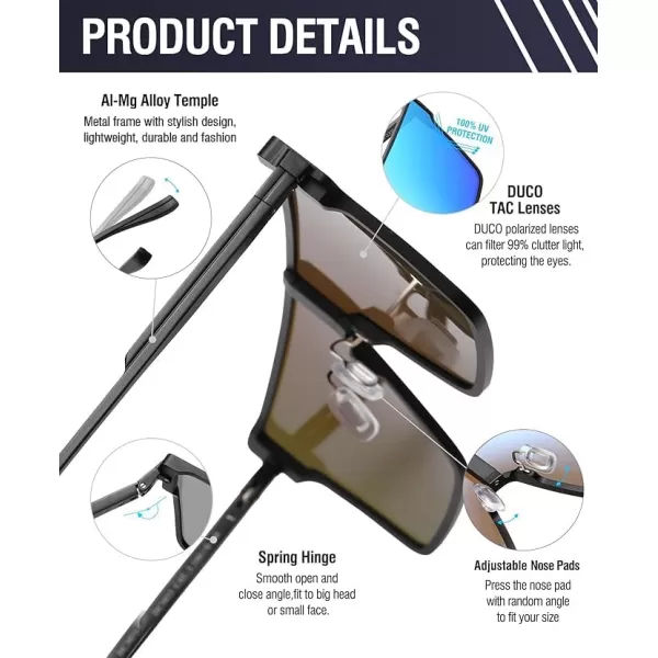 DUCO Square Oversized Fashion Sunglasses for Men Polarized Flat Top UV400 Protection Metal Frame Big Large DC3055Black Frame Mirrored Blue Lens3055