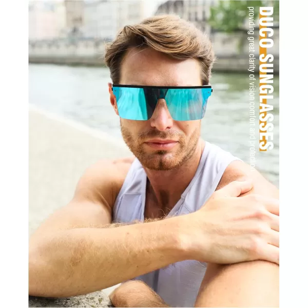 DUCO Square Oversized Fashion Sunglasses for Men Polarized Flat Top UV400 Protection Metal Frame Big Large DC3055Black Frame Mirrored Blue Lens3056