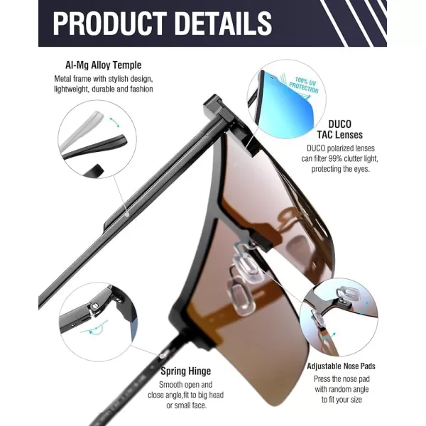 DUCO Square Oversized Fashion Sunglasses for Men Polarized Flat Top UV400 Protection Metal Frame Big Large DC3055Black Frame Mirrored Blue Lens3056
