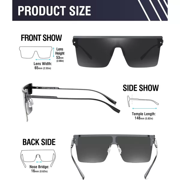 DUCO Square Oversized Fashion Sunglasses for Men Polarized Flat Top UV400 Protection Metal Frame Big Large DC3055Dark Grey Frame Grey Lens3056