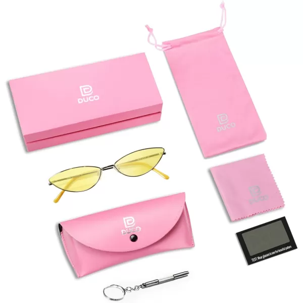 DUCO Vintage Oval Sunglasses for Women Small Triangle Polarized Sun Glasses Metal Frame and UV Protection W019Silver Frame Yellow Lens