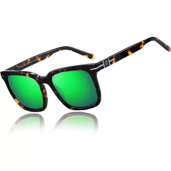 DUCO Classic Square Polarized Sunglasses for Men Women Vintage Handmade Acetate Sun Glasses DC8288Tortoise Frame Revo Green Lens