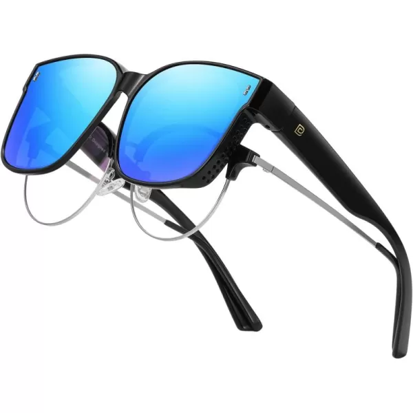 DUCO Fit Over Glasses Wraparound Retro Round Frame Wear Over Polarized Sunglasses for Men Women UV400 Protection DC8962Black Frame Revo Blue Lens
