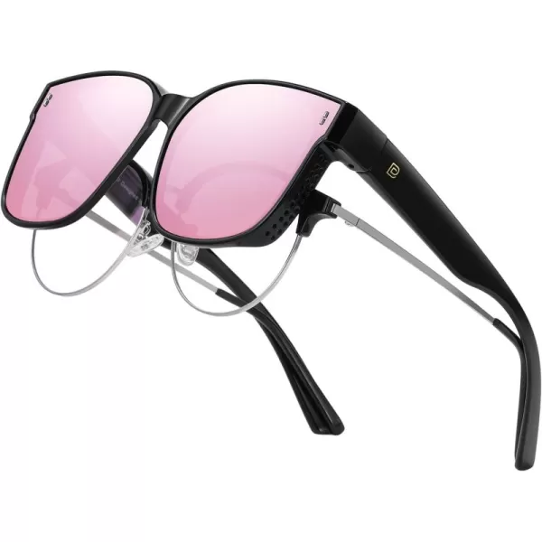 DUCO Fit Over Glasses Wraparound Retro Round Frame Wear Over Polarized Sunglasses for Men Women UV400 Protection DC8962Black Frame Revo Pink Lens