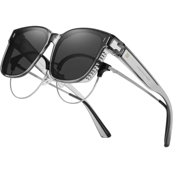 DUCO Fit Over Glasses Wraparound Retro Round Frame Wear Over Polarized Sunglasses for Men Women UV400 Protection DC8962Transparent Frame Grey Lens