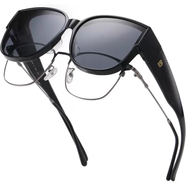 DUCO Fit Over Sunglasses for Men Women Over Glasses Retro Round Wraparound Polarized Sun Glasses DC8961Black Frame Grey Lens