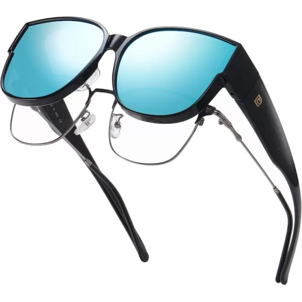 DUCO Fit Over Sunglasses for Men Women Over Glasses Retro Round Wraparound Polarized Sun Glasses DC8961Black Frame Revo Blue Lens