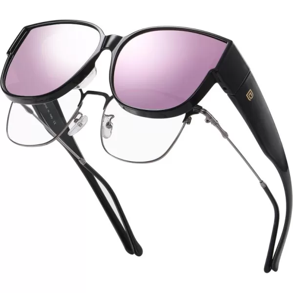 DUCO Fit Over Sunglasses for Men Women Over Glasses Retro Round Wraparound Polarized Sun Glasses DC8961Black Frame Revo Pink Lens