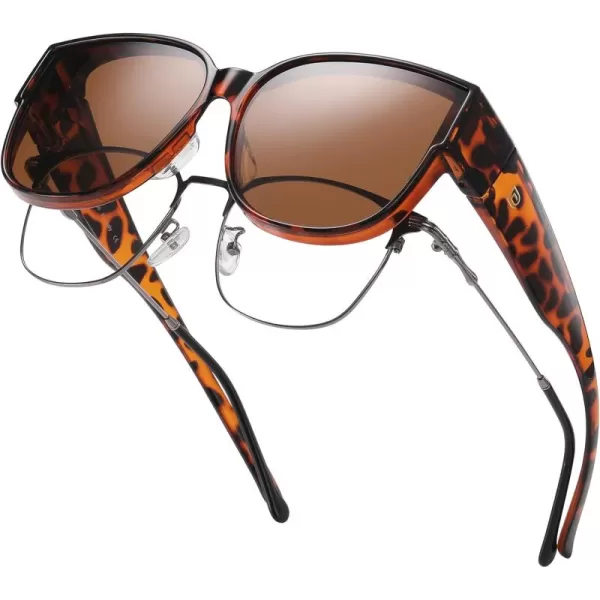 DUCO Fit Over Sunglasses for Men Women Over Glasses Retro Round Wraparound Polarized Sun Glasses DC8961Tortoise Frame Brown Lens