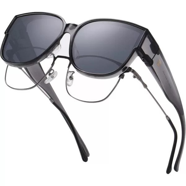 DUCO Fit Over Sunglasses for Men Women Over Glasses Retro Round Wraparound Polarized Sun Glasses DC8961Transparent Grey Frame Grey Lens