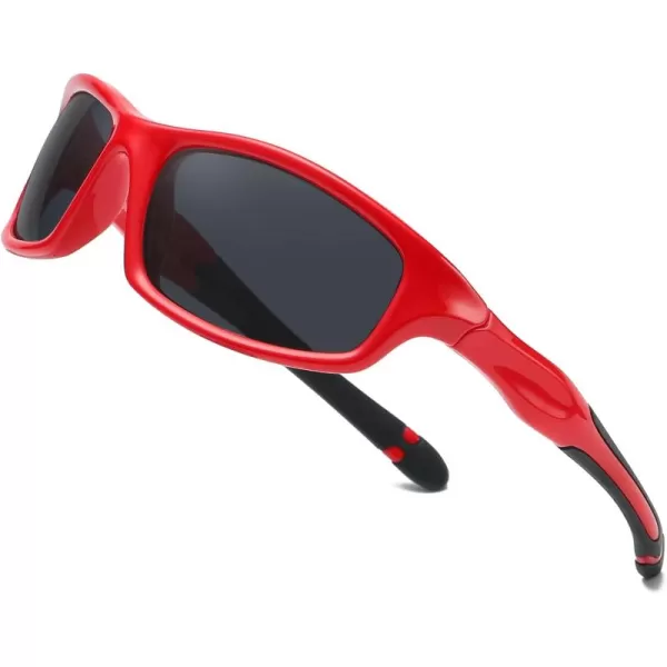 DUCO Kids Sunglasses Boys Girls Sports Polarized Sunglasses Youth Baseball Sunglasses for Kids UV Protection Age 610 K006Red Frame Black Temple Grey Lens