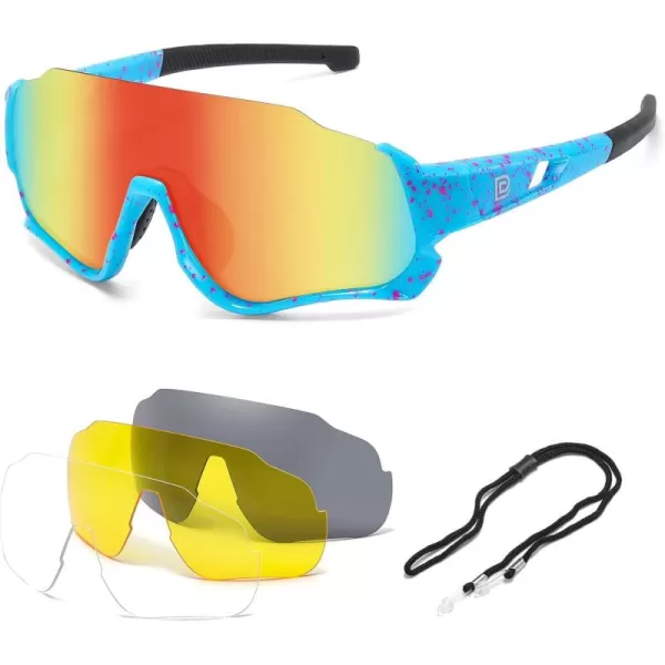 DUCO Polarized Kids Sunglasses Youth Baseball Sun Glasses Sports Teens Cycling Shades Boys Girls with 3 Lenses DK280Blue Frame Blue Temple Orange Colorful Lens