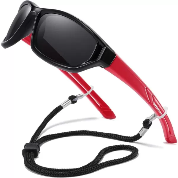 DUCO Polarized Kids Sunglasses with Strap for Boys Girls Youth Sports Baseball Sunglasses 100 UV Protection K029Black Frame Red Temple