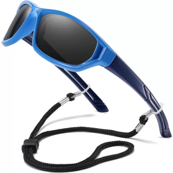 DUCO Polarized Kids Sunglasses with Strap for Boys Girls Youth Sports Baseball Sunglasses 100 UV Protection K029Blue Frame Blue Temple