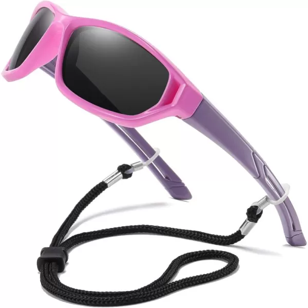 DUCO Polarized Kids Sunglasses with Strap for Boys Girls Youth Sports Baseball Sunglasses 100 UV Protection K029Pink Frame Purple Temple