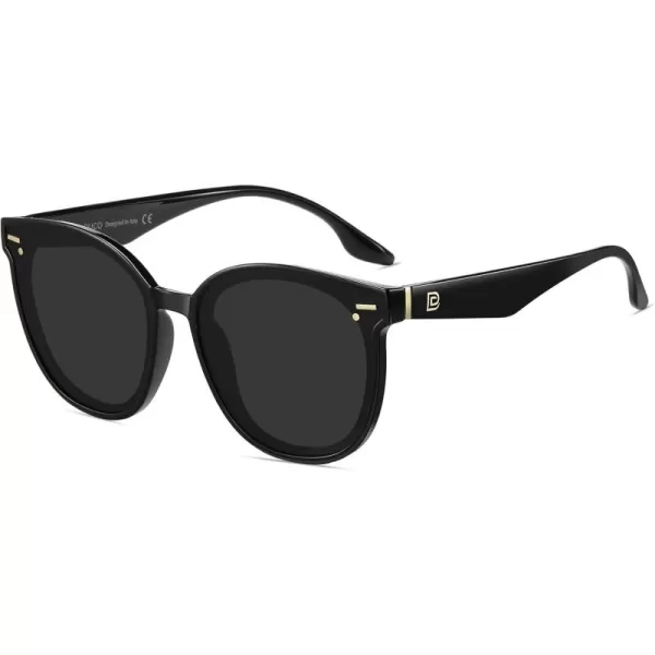 DUCO Retro Round Oversized Polarized Sunglasses for Women Classic Vintage Designer Style UV400 Protection Shades W017sBlack Frame Grey Lens