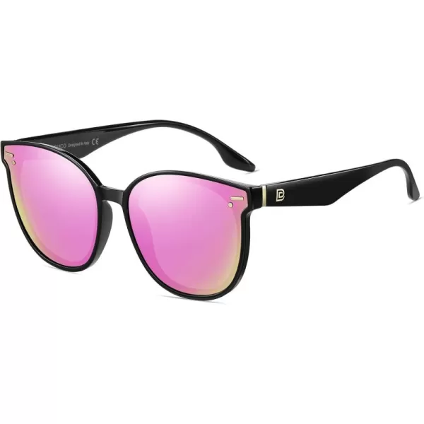 DUCO Retro Round Oversized Polarized Sunglasses for Women Classic Vintage Designer Style UV400 Protection Shades W017sBlack Frame Revo Pink Lens