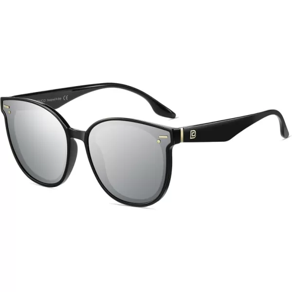 DUCO Retro Round Oversized Polarized Sunglasses for Women Classic Vintage Designer Style UV400 Protection Shades W017sBlack Frame Sliver Lens