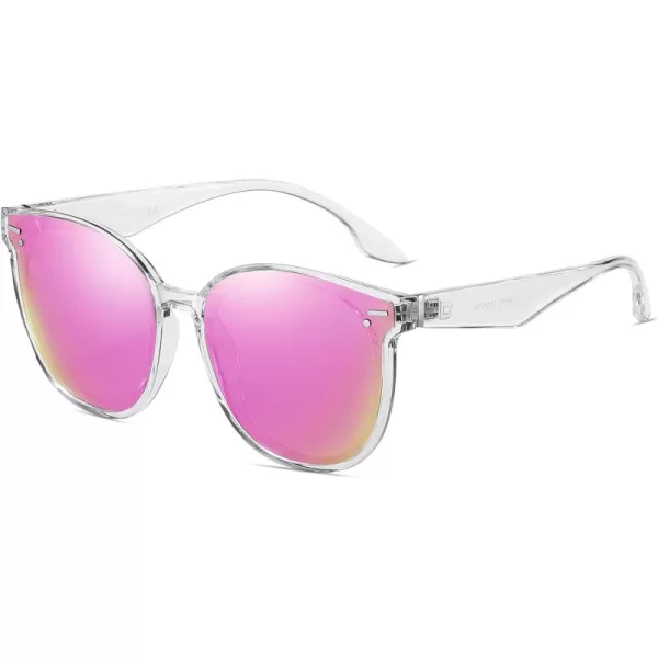 DUCO Retro Round Oversized Polarized Sunglasses for Women Classic Vintage Designer Style UV400 Protection Shades W017sTransparent Frame Revo Pink Lens