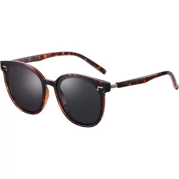 DUCO Retro Round Polarized Sunglasses for Women Men Oversized Vintage Shades W017L Size Tortoise Brown Frame Grey Lens
