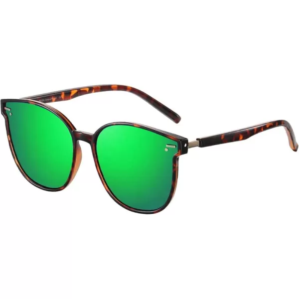 DUCO Retro Round Polarized Sunglasses for Women Men Oversized Vintage Shades W017L Size Tortoise Brown Frame Revo Green Lens