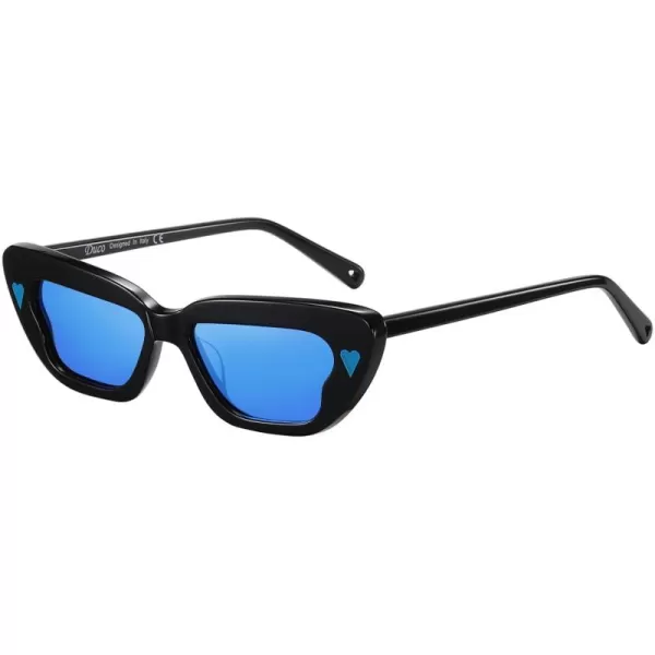 DUCO Small Cat Eye Sunglasses for Women Retro Narrow Polarized Sun Glasses Mylove Designer Rectangle Frame UV400 Lens DC1104Shine Black Frame Revo Blue Lens
