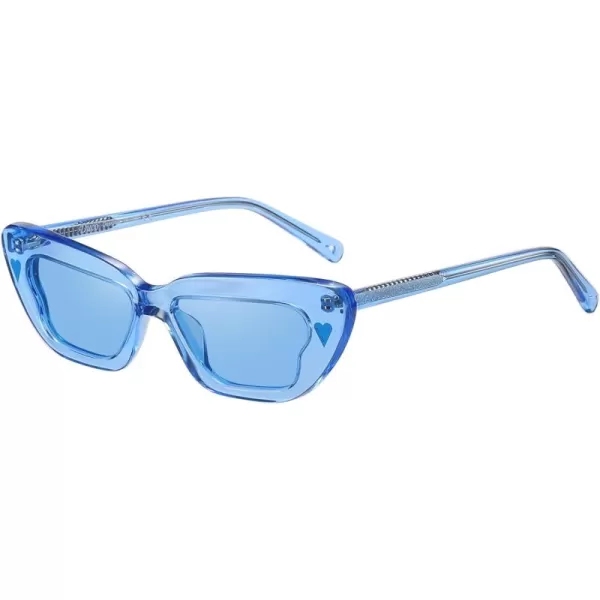 DUCO Small Cat Eye Sunglasses for Women Retro Narrow Polarized Sun Glasses Mylove Designer Rectangle Frame UV400 Lens DC1104Transparent Blue Frame Blue Lens
