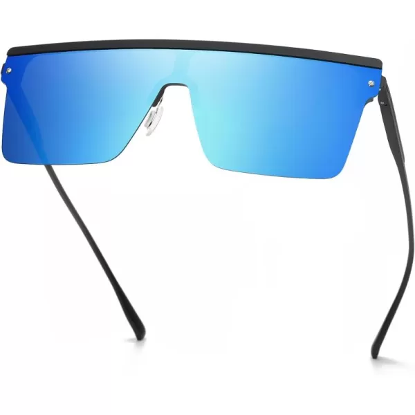 DUCO Square Oversized Fashion Sunglasses for Men Polarized Flat Top UV400 Protection Metal Frame Big Large DC3055Black Frame Mirrored Blue Lens3056