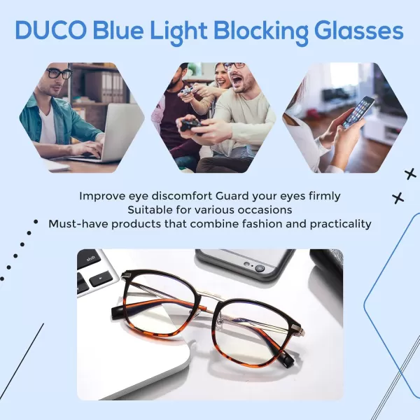 DUCO Blue Light Blocking Glasses For Men Blue Ray Glasses Oversized Computer Glasses Retro Square Fashion Eyeglasses 5223Black Tortoise