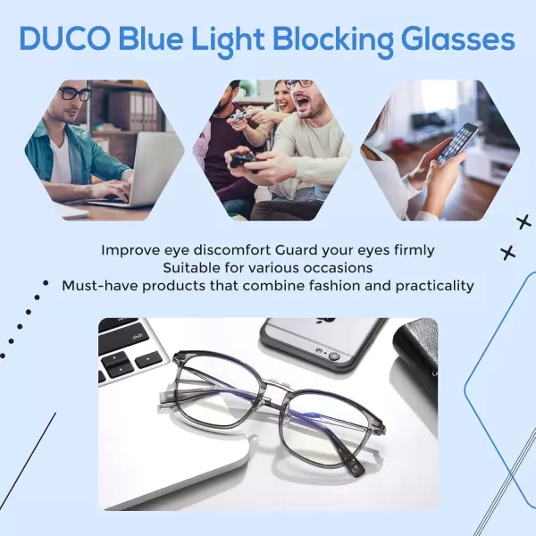 DUCO Blue Light Blocking Glasses For Men Blue Ray Glasses Oversized Computer Glasses Retro Square Fashion Eyeglasses 5223Transparent Grey
