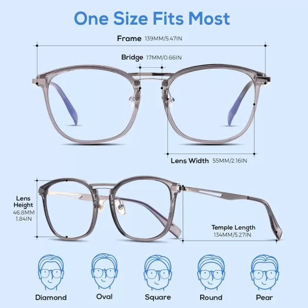 DUCO Blue Light Blocking Glasses For Men Blue Ray Glasses Oversized Computer Glasses Retro Square Fashion Eyeglasses 5223Transparent Grey