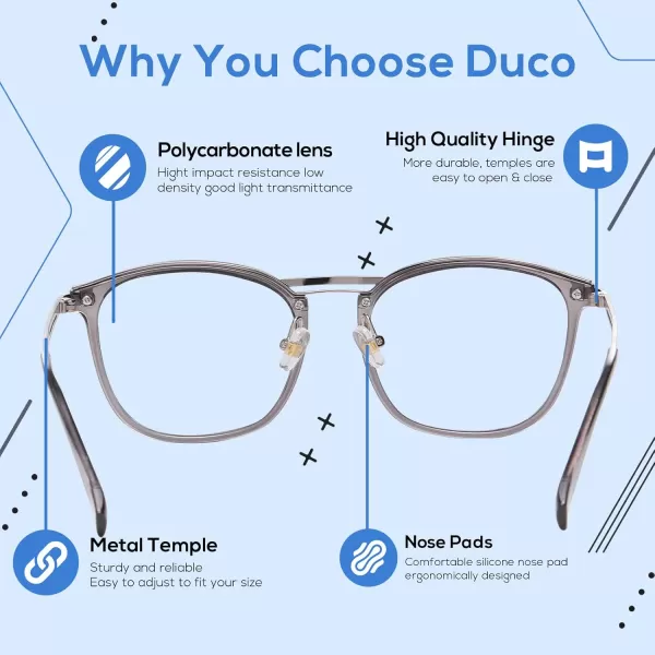 DUCO Blue Light Blocking Glasses For Men Blue Ray Glasses Oversized Computer Glasses Retro Square Fashion Eyeglasses 5223Transparent Grey