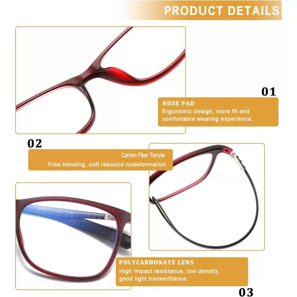 DUCO Luxury Carbon Fiber Temple Eyewear Blue Light Blocking Glasses for Men and Women Glasses for Computer Eye Strain5221 Red Frame Black Temple
